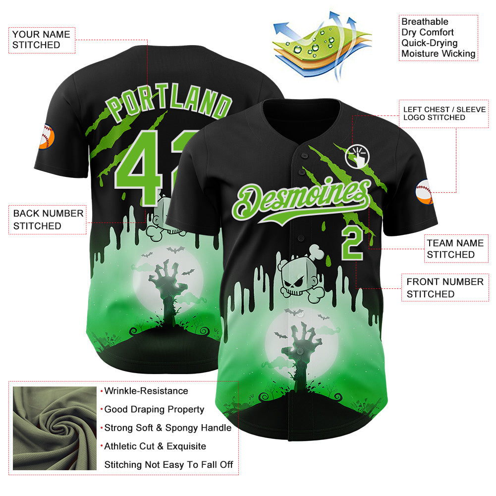Custom Black Aurora Green-White 3D Halloween Spooky Zombies Scratch Authentic Baseball Jersey baseball jersey product view 3