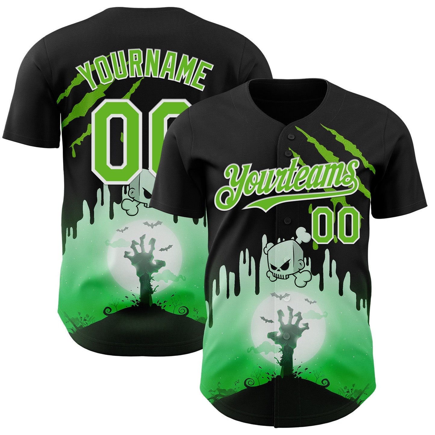 Custom Black Aurora Green-White 3D Halloween Spooky Zombies Scratch Authentic Baseball Jersey baseball jersey product view 1