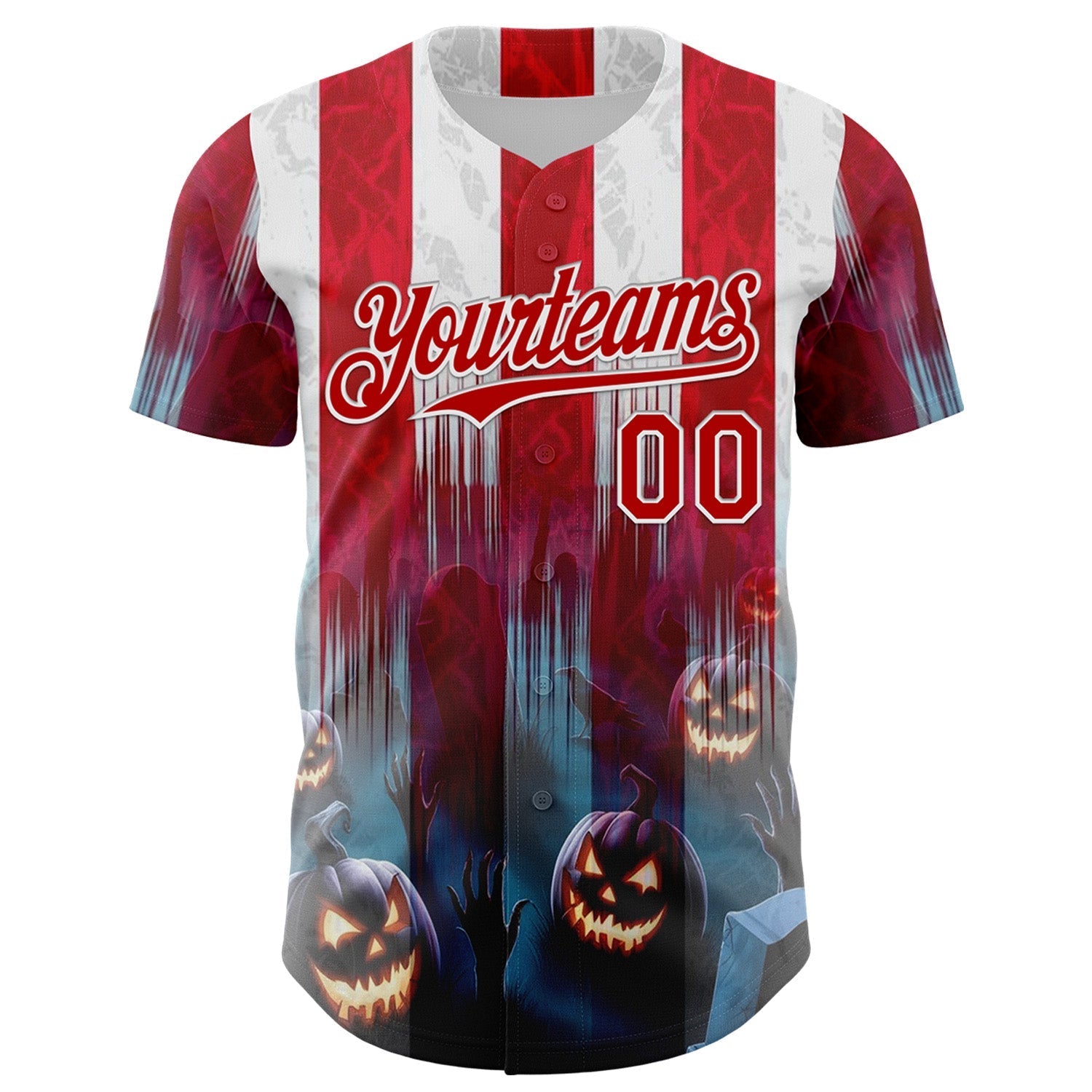 Custom Red Blue-White 3D Halloween Spooky Pumpkin Stripe Authentic Baseball Jersey baseball jersey product view 2