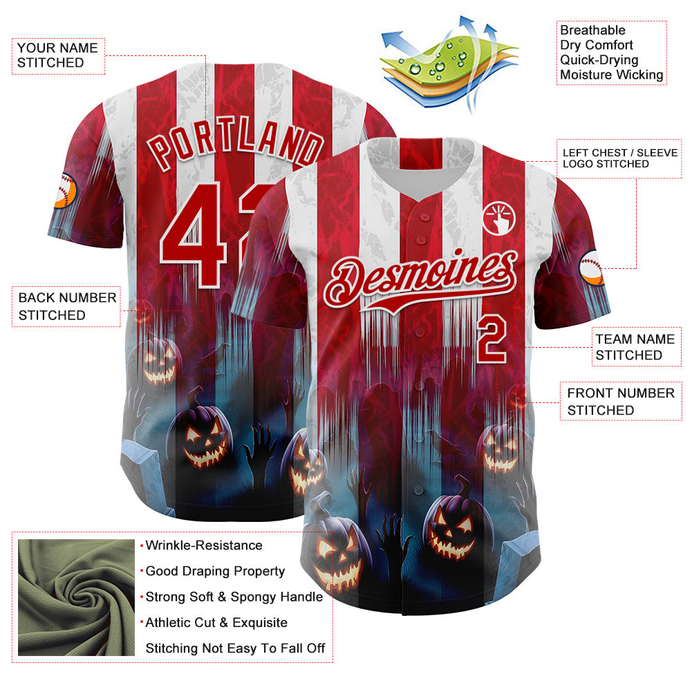 Custom Red Blue-White 3D Halloween Spooky Pumpkin Stripe Authentic Baseball Jersey baseball jersey product view 3