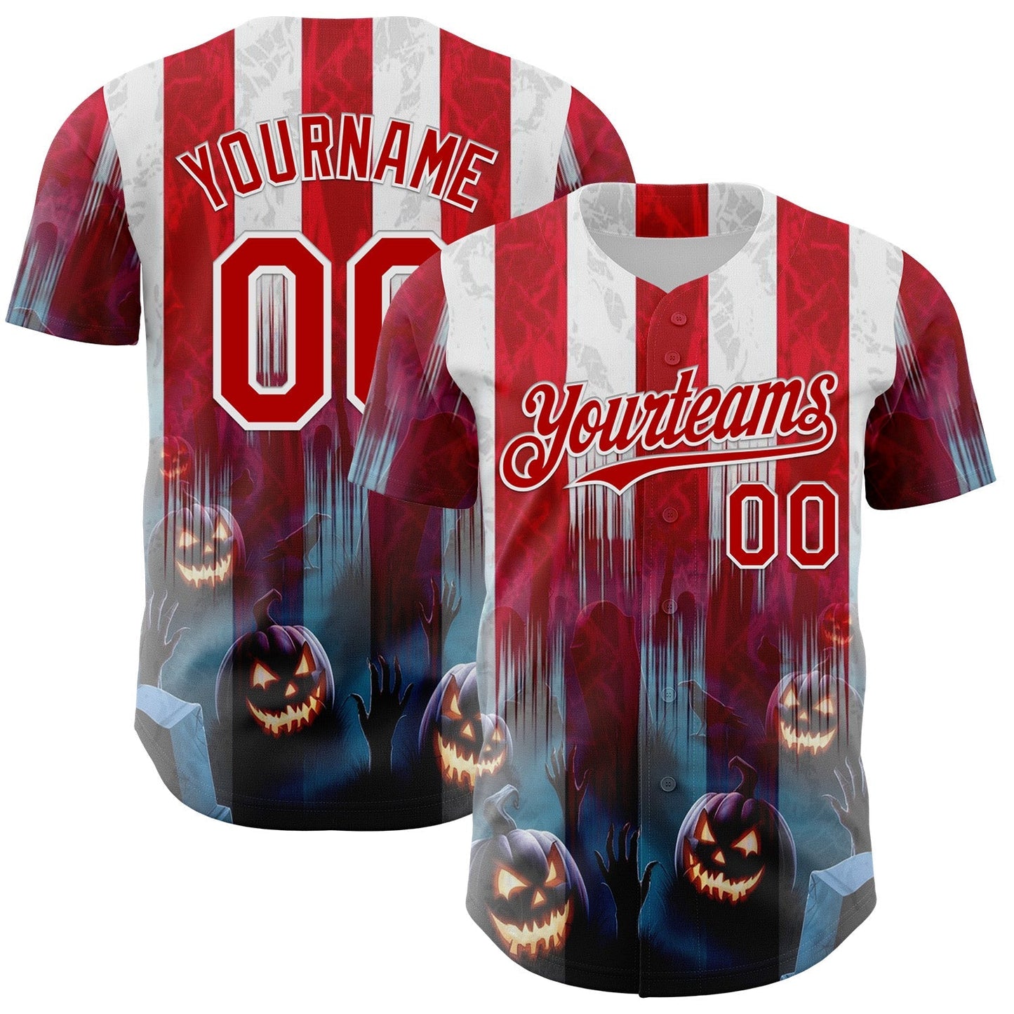 Custom Red Blue-White 3D Halloween Spooky Pumpkin Stripe Authentic Baseball Jersey baseball jersey product view 1