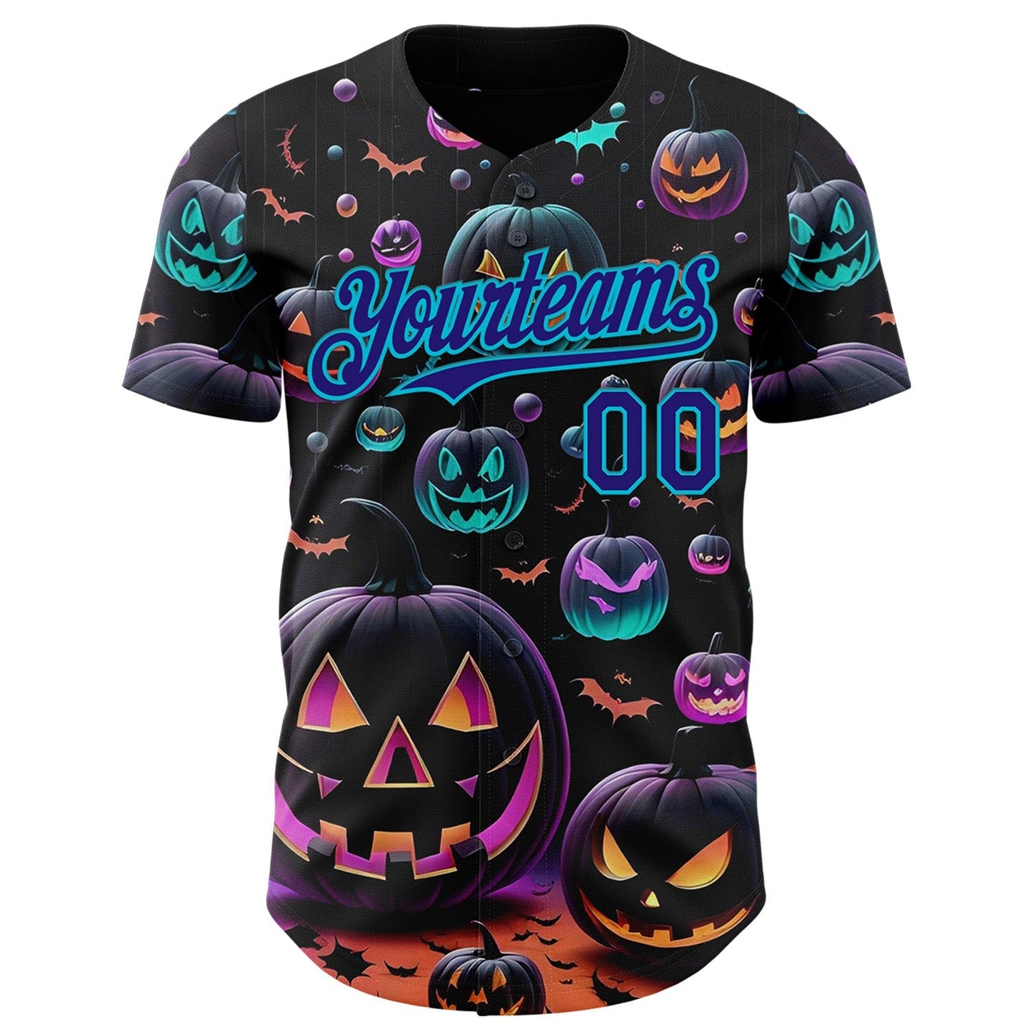 Custom Black Dark Purple-Lakes Blue 3D Halloween Spooky Pumpkin Authentic Baseball Jersey baseball jersey product view 2