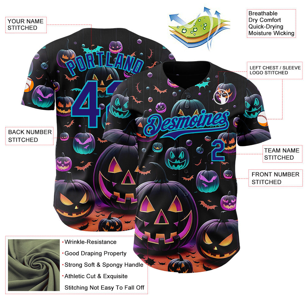 Custom Black Dark Purple-Lakes Blue 3D Halloween Spooky Pumpkin Authentic Baseball Jersey baseball jersey product view 3