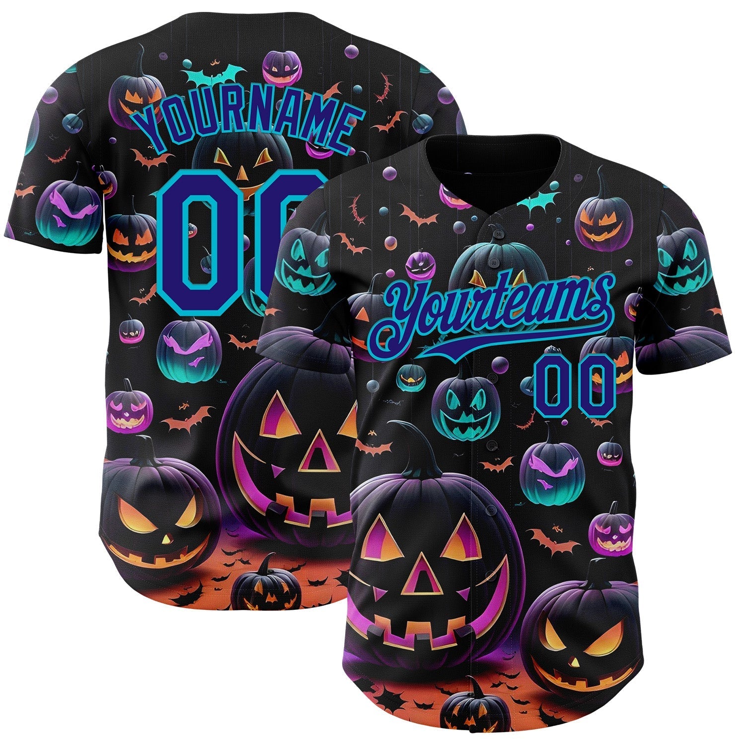 Custom Black Dark Purple-Lakes Blue 3D Halloween Spooky Pumpkin Authentic Baseball Jersey baseball jersey product view 1