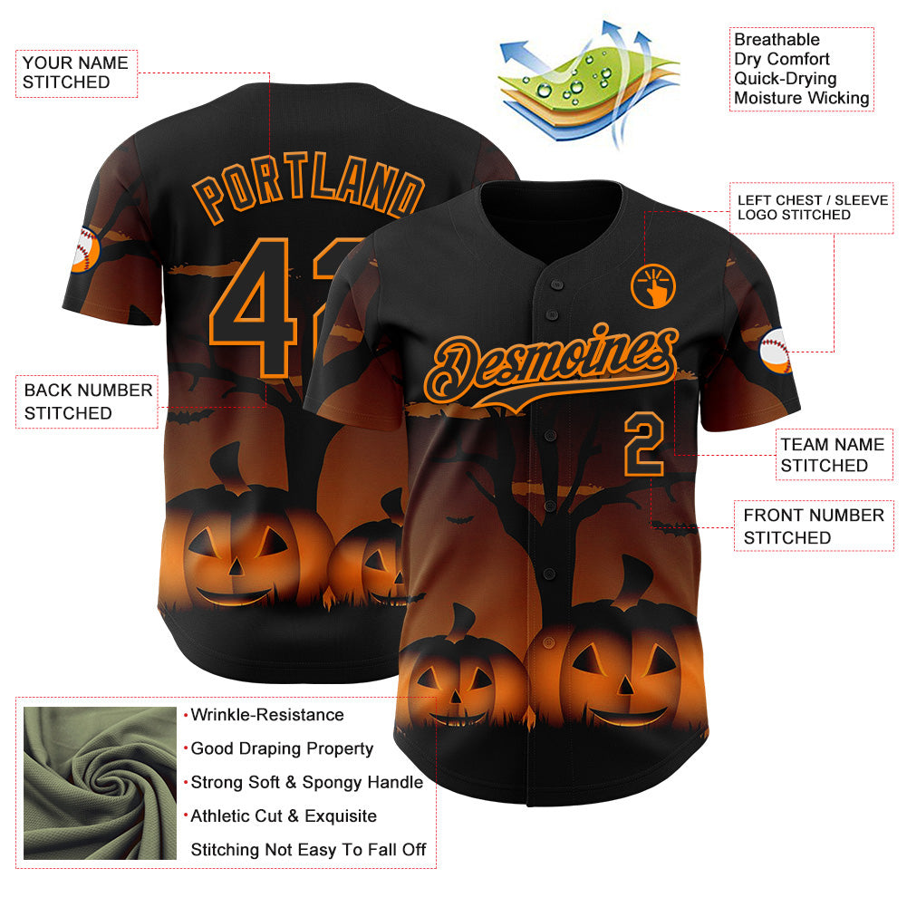 Custom Black Bay Orange 3D Halloween Spooky Pumpkin Authentic Baseball Jersey baseball jersey product view 3