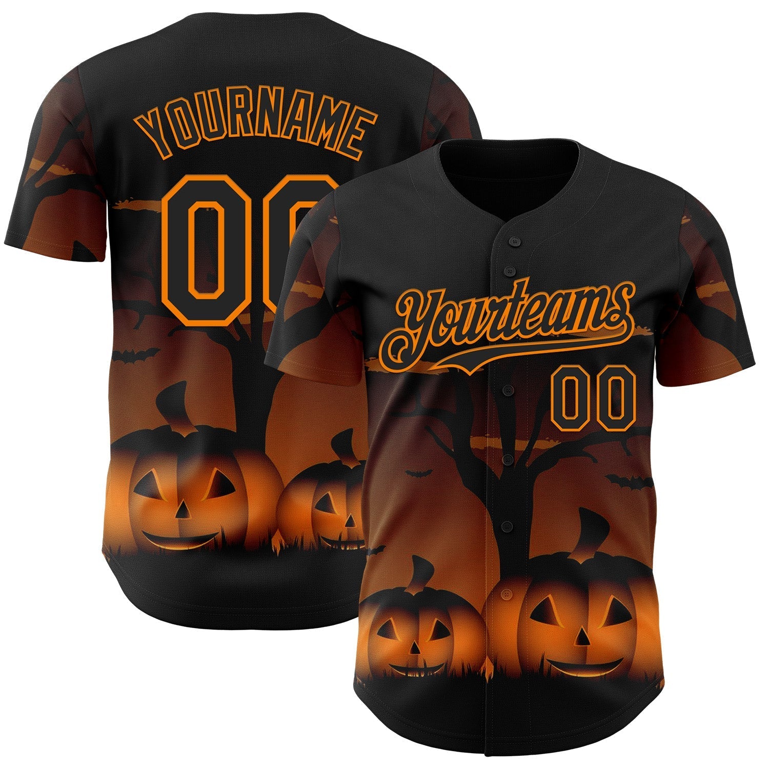 Custom Black Bay Orange 3D Halloween Spooky Pumpkin Authentic Baseball Jersey baseball jersey product view 1