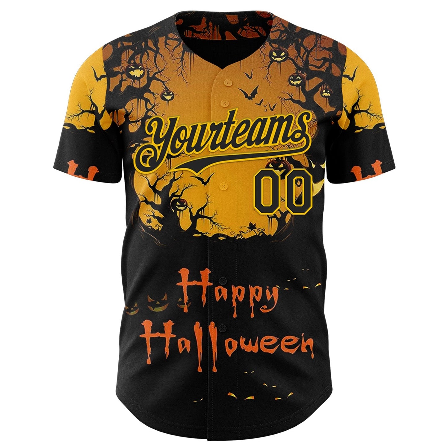 Custom Yellow Black 3D Halloween Spooky Pumpkin Authentic Baseball Jersey baseball jersey product view 2