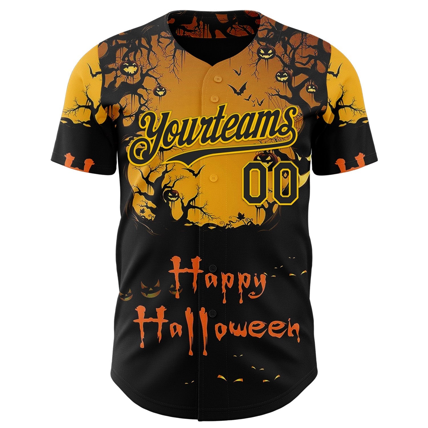 Custom Yellow Black 3D Halloween Spooky Pumpkin Authentic Baseball Jersey baseball jersey product view 2