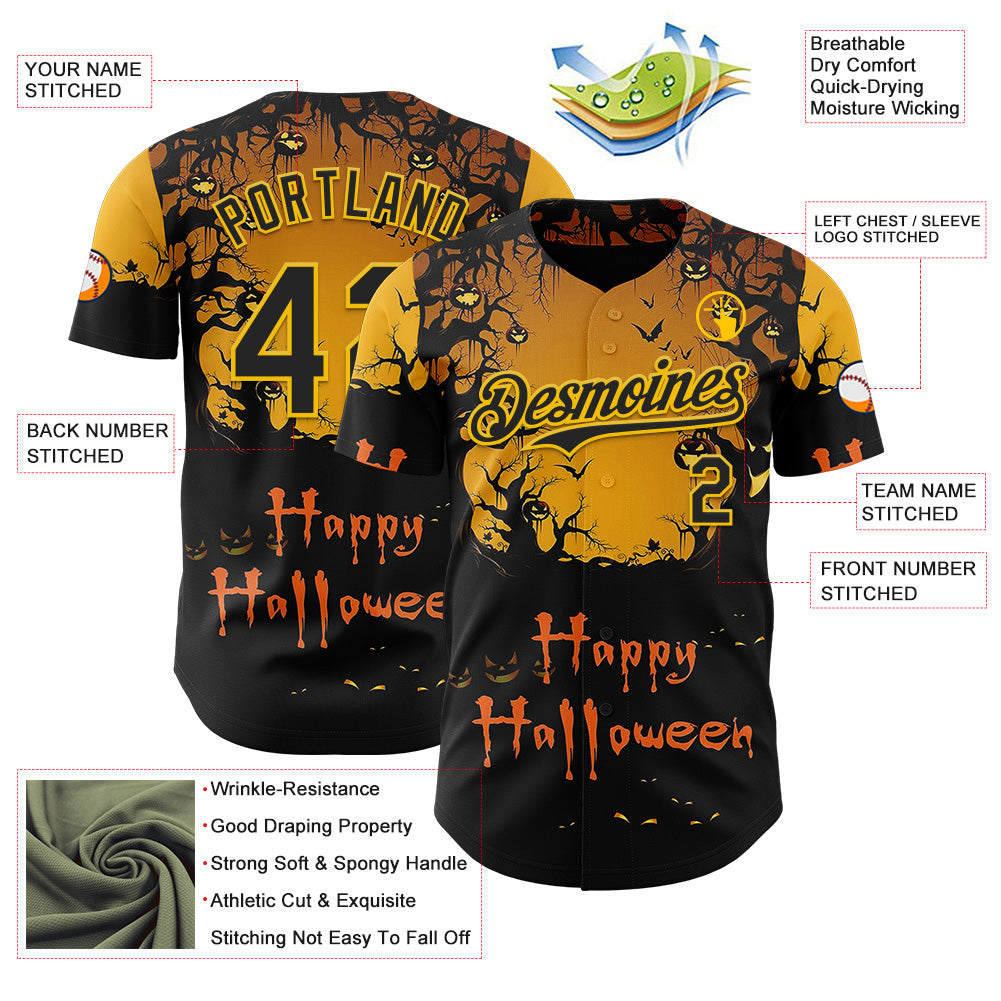 Custom Yellow Black 3D Halloween Spooky Pumpkin Authentic Baseball Jersey baseball jersey product view 3