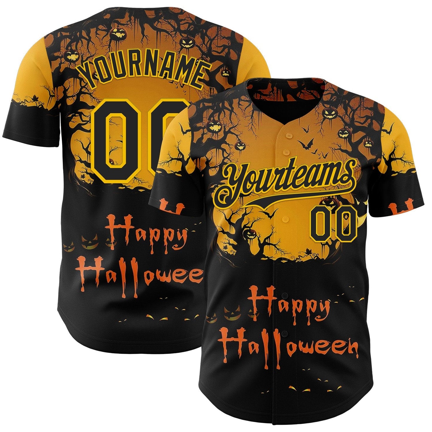 Custom Yellow Black 3D Halloween Spooky Pumpkin Authentic Baseball Jersey baseball jersey product view 1