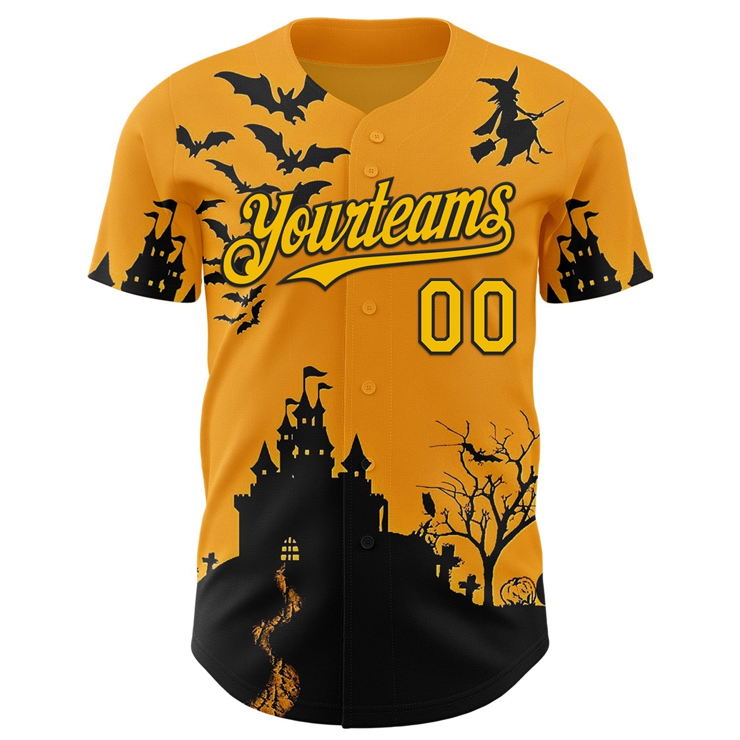 Custom Yellow Black 3D Halloween Spooky Pumpkin Bat Authentic Baseball Jersey baseball jersey product view 2