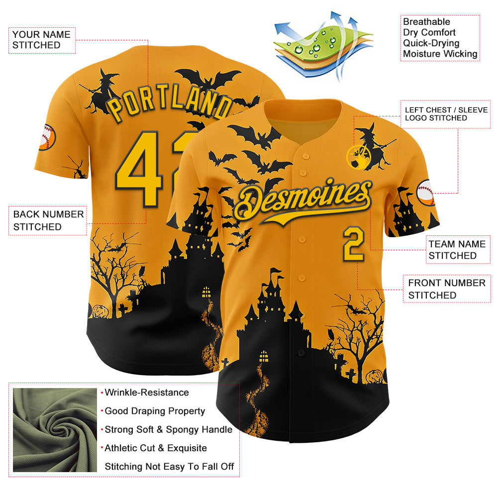 Custom Yellow Black 3D Halloween Spooky Pumpkin Bat Authentic Baseball Jersey baseball jersey product view 3