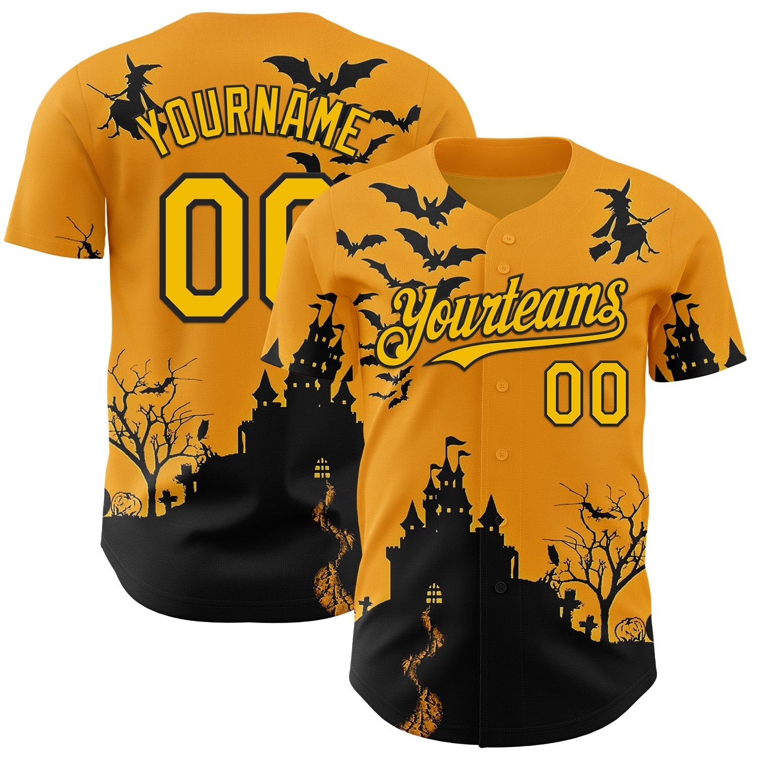 Custom Yellow Black 3D Halloween Spooky Pumpkin Bat Authentic Baseball Jersey baseball jersey product view 1