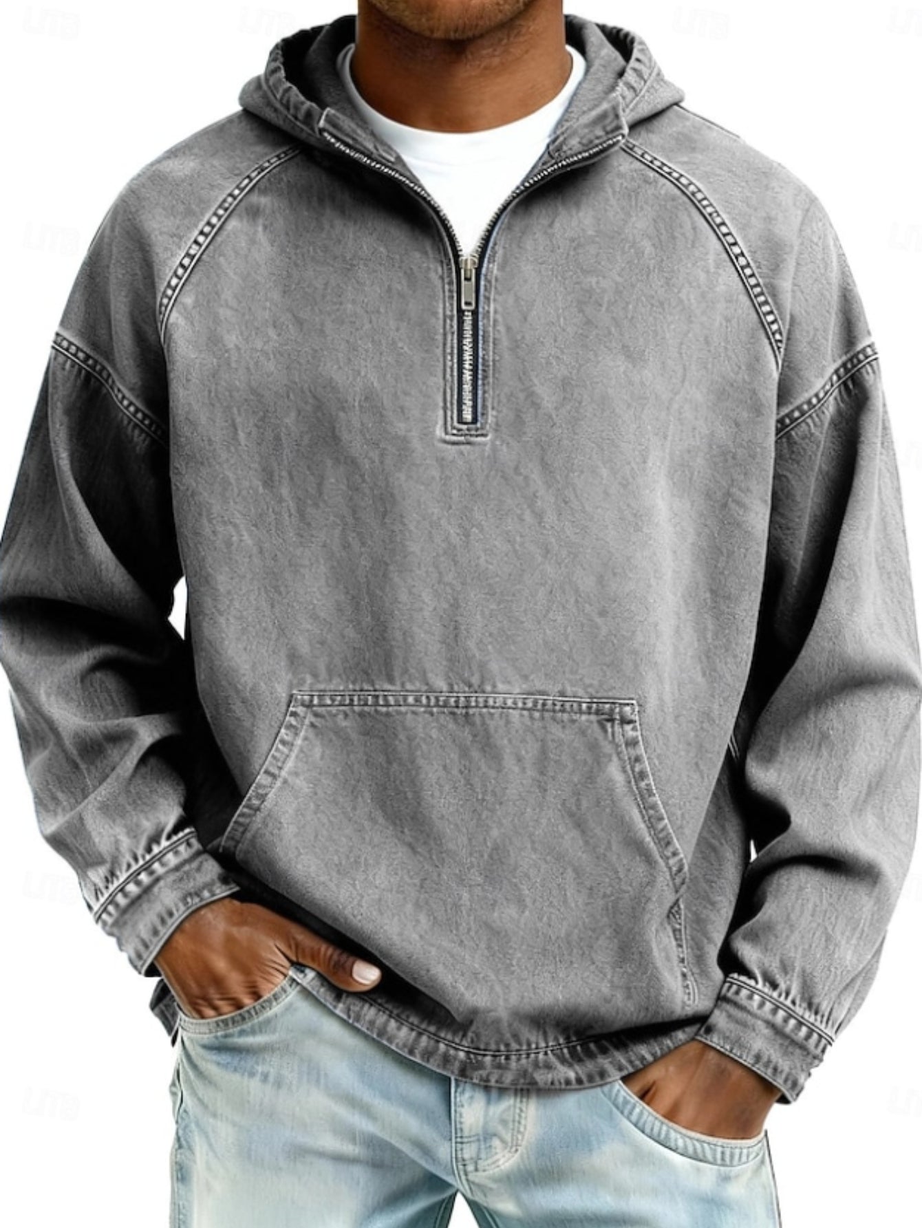 Men's Denim-Style Half-Zip Hoodie, Plus Size, Casual Streetwear Pullover Unisex T-shirt, Sweatshirt, Hoodie, Long Sleeve Tee - T-Shirt, Sweatshirt, Hoodie