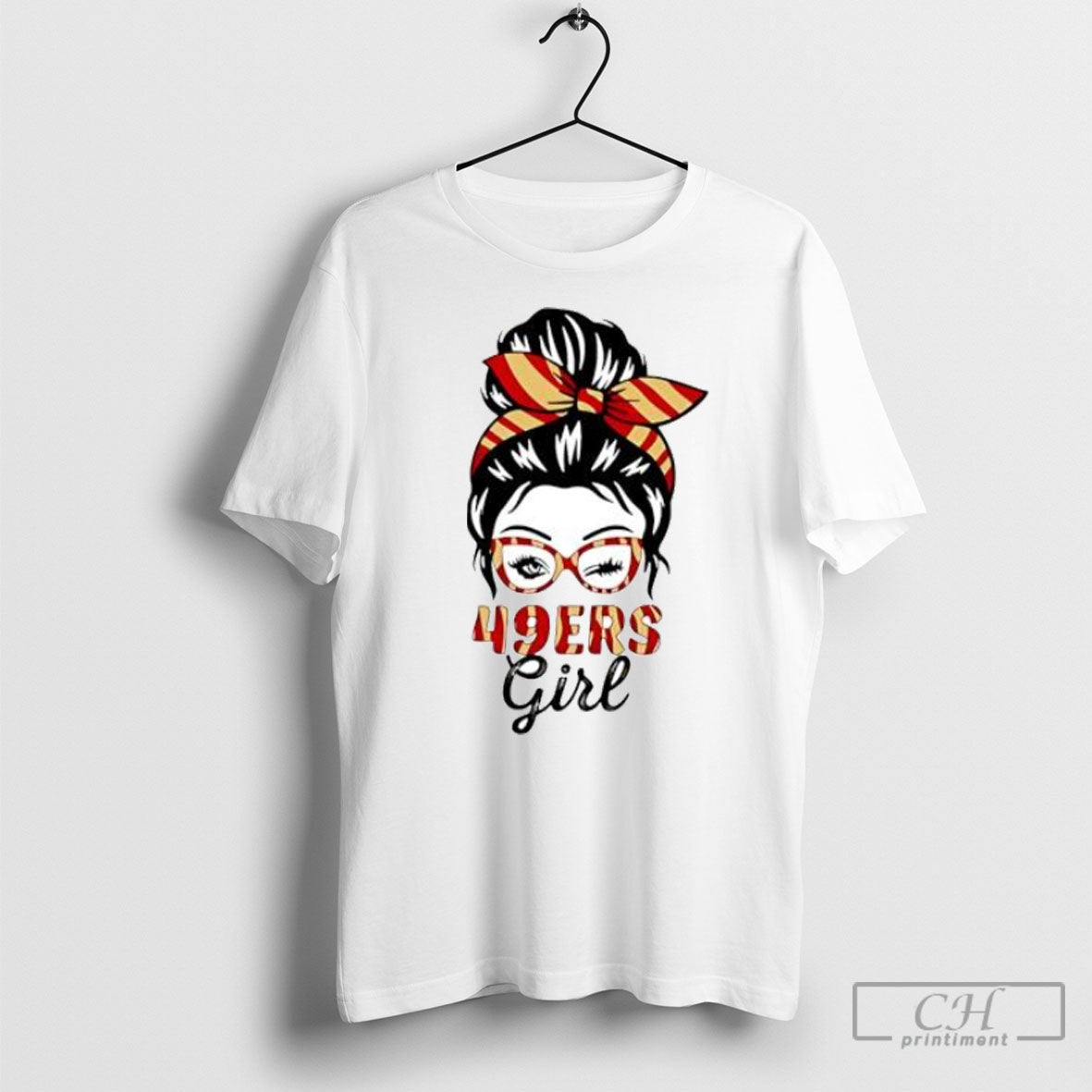 49ers Girl Messy Bun Winking Eye San Francisco Football Fan Posters White Shirt Unisex T-shirt, Sweatshirt, Hoodie, Long Sleeve Tee - T-Shirt, Sweatshirt, Hoodie