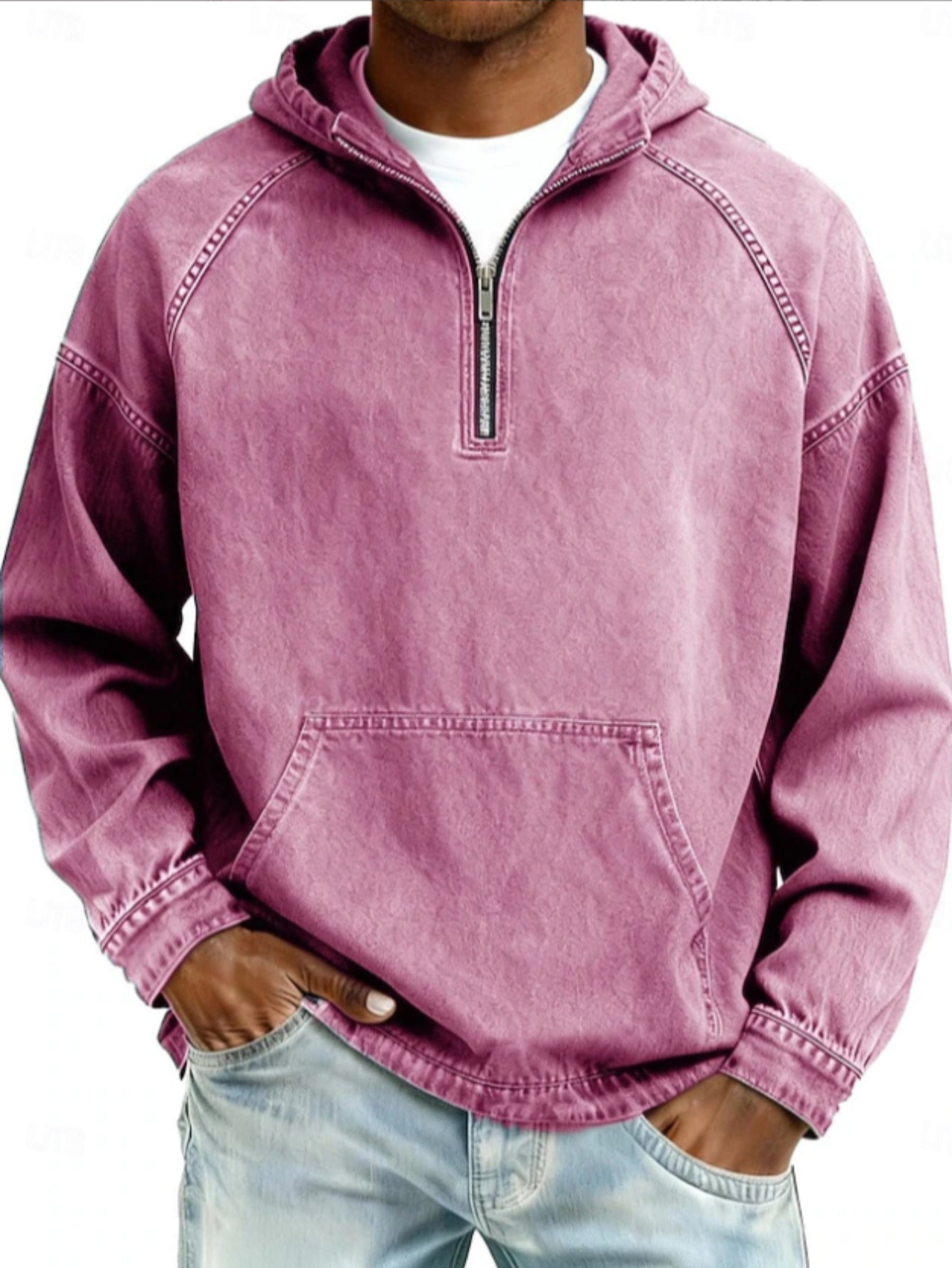 Men's Denim-Like Half-Zip Hoodie, Plus Size Faux Denim Pullover, Street-Style Casual Wear Unisex T-shirt, Sweatshirt, Hoodie, Long Sleeve Tee - T-Shirt, Sweatshirt, Hoodie