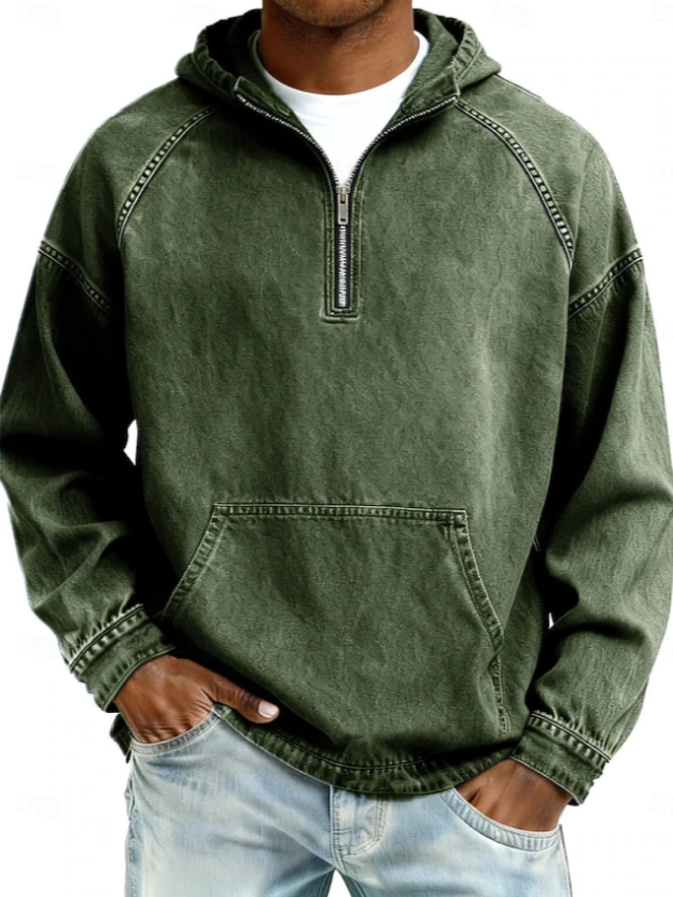 Men's Half-Zip Denim Hooded Pullover Sweater, Casual Street Style Loose Fit, Suitable for Boyfriends and Fathers - T-Shirt, Sweatshirt, Hoodie