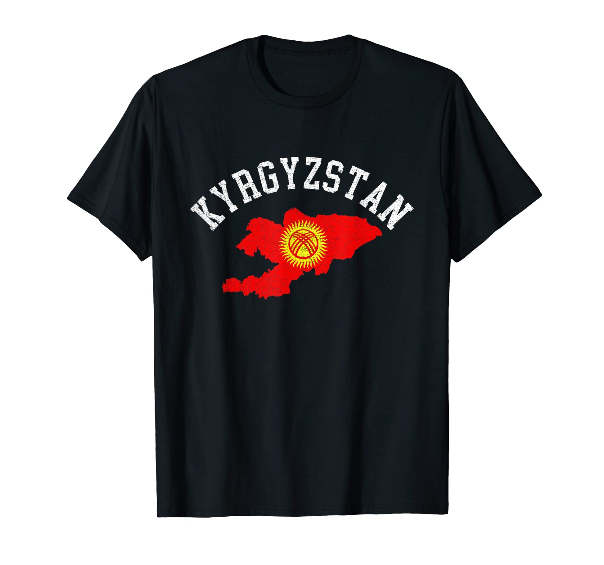 Patriotic Kyrgyzstan Flag Map Distressed T-Shirt - Novelty Apparel Unisex - T-Shirt, Sweatshirt, Hoodie