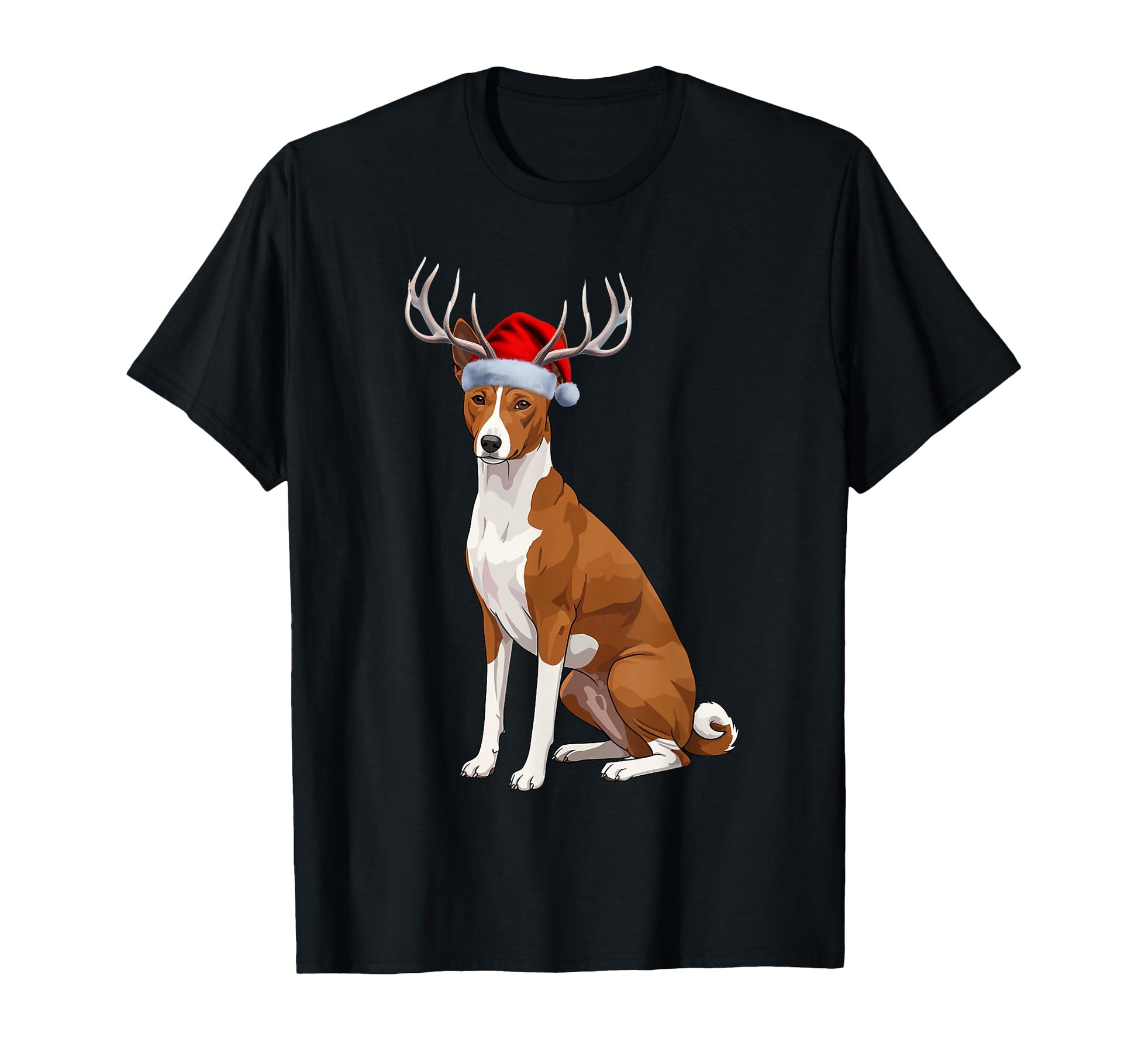 Reindeer Santa Hat Holiday Basenji T-Shirt - Trendy Graphic Unisex - T-Shirt, Sweatshirt, Hoodie