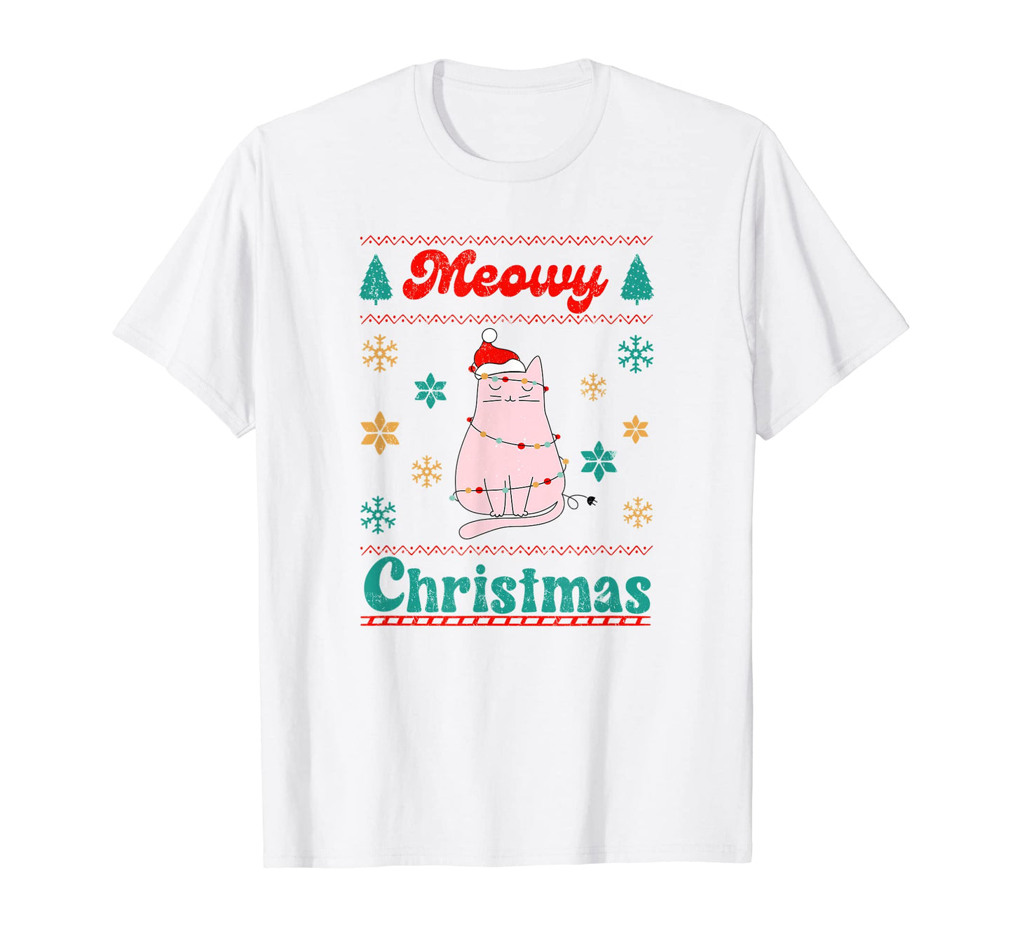 Meowy Catmas Cat Santa Hat Lights T-Shirt - Minimalist Print for Adults - T-Shirt, Sweatshirt, Hoodie