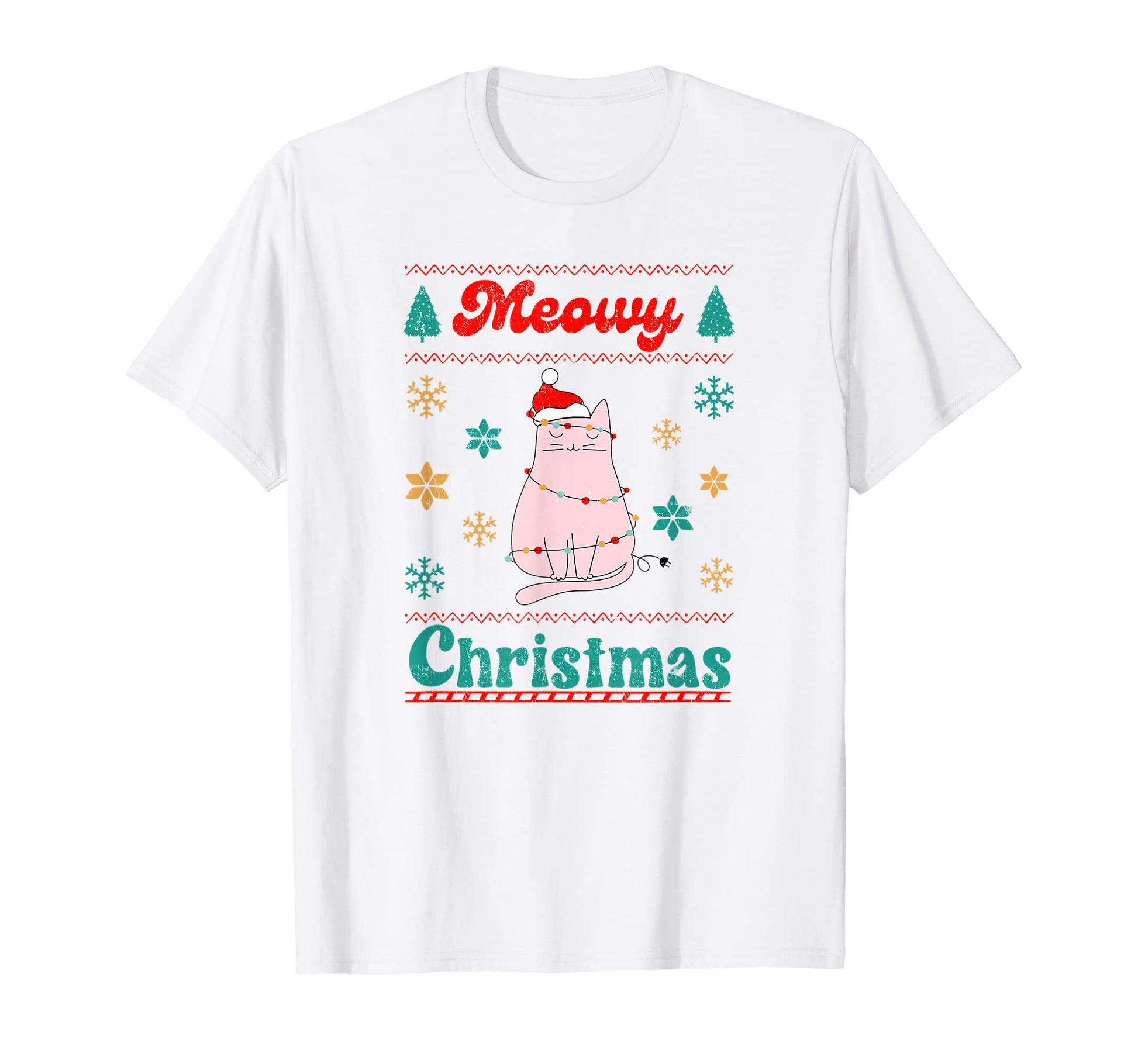 Meowy Catmas Cat Santa Hat Lights T-Shirt - Minimalist Print for Adults - T-Shirt, Sweatshirt, Hoodie