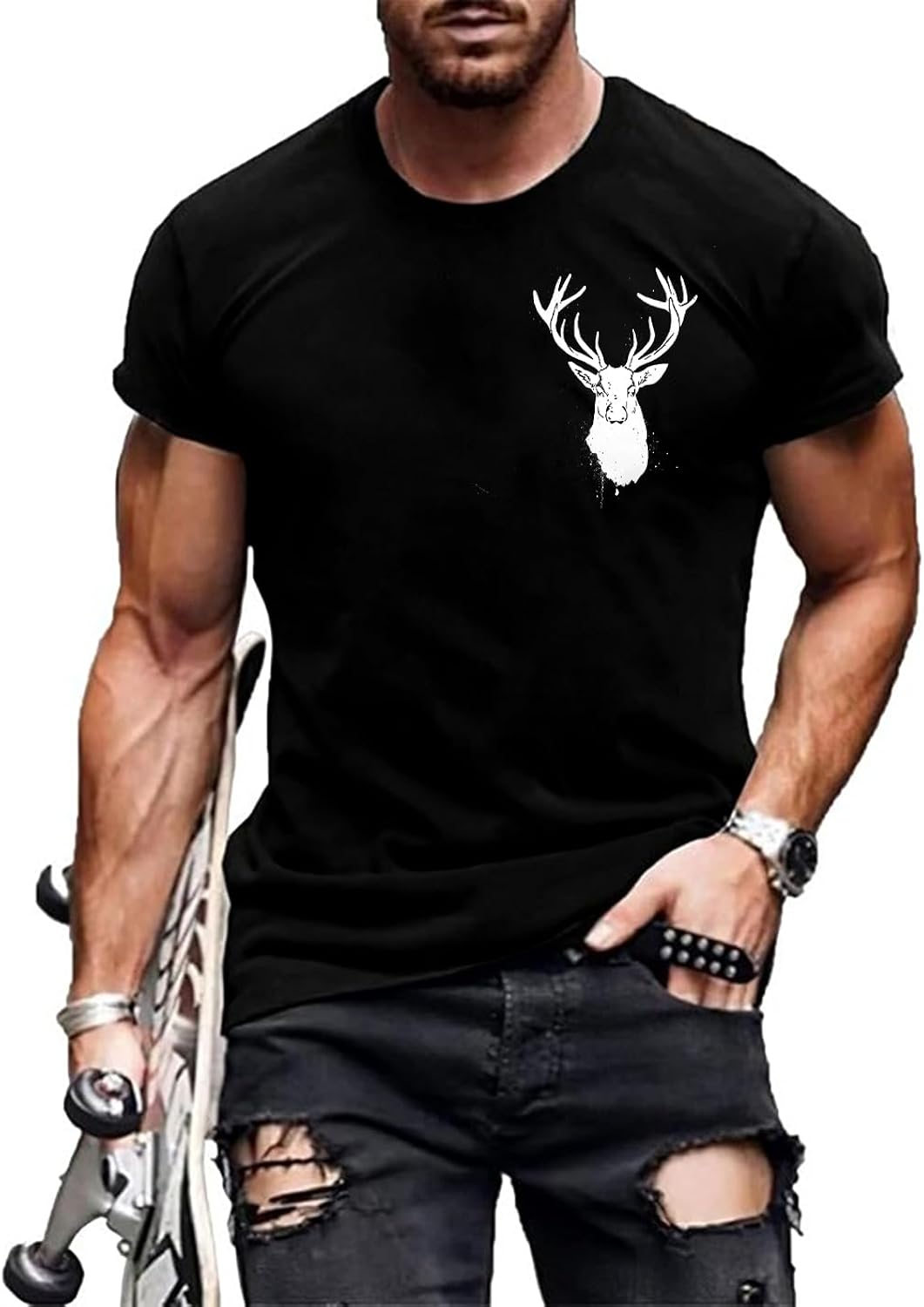Western Shirts for Men Deer Print Short Sleeve T Shirts for Men Retro Graphic Tees for Men Crew Neck Loose Fit Pullover Tops for Men Summer Tops for Men 2025 F-Bull Horn Black M - T-Shirt, Sweatshirt, Hoodie