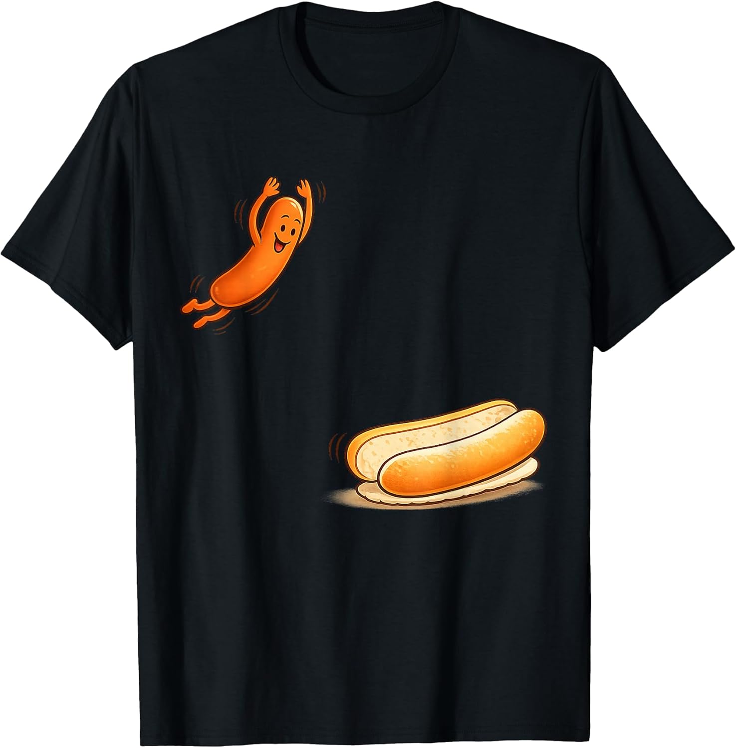Funny Hot Dog Jumping Into Bun Cartoon BBQ Humor T-Shirt Unisex T-shirt, Sweatshirt, Hoodie, Long Sleeve Tee - T-Shirt, Sweatshirt, Hoodie