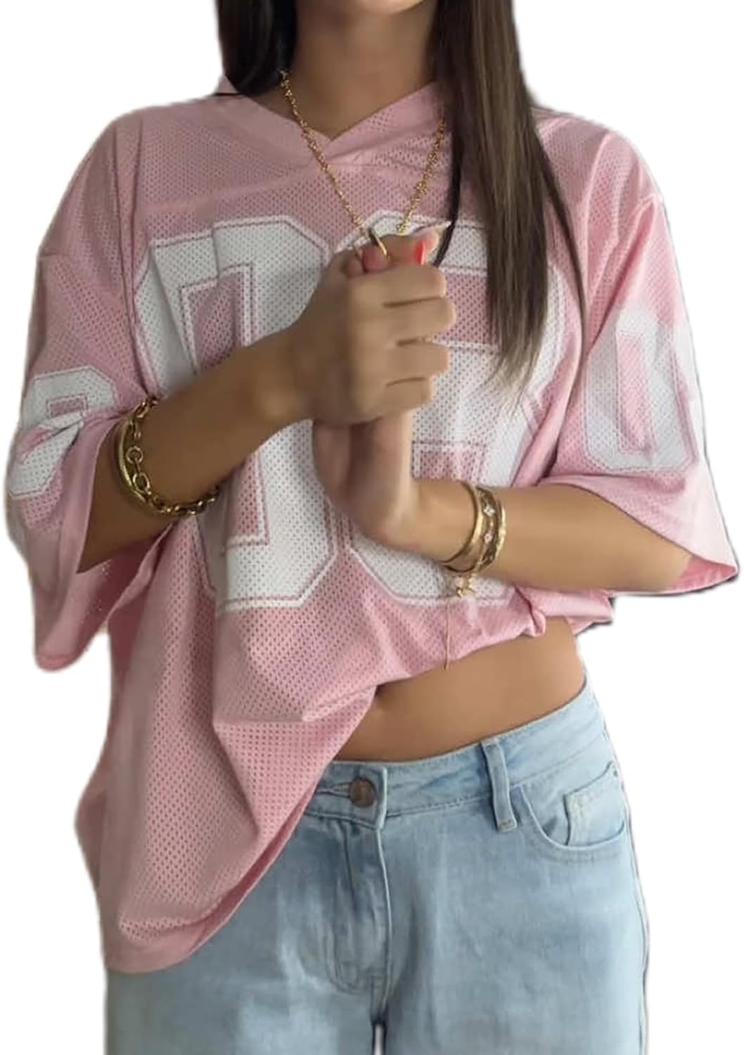 Women Oversized Jersey Shirts Y2k Number Print Graphic Tees V Neck Short Sleeve Baggy T-Shirt Preppy Clothes sports jersey product view 1