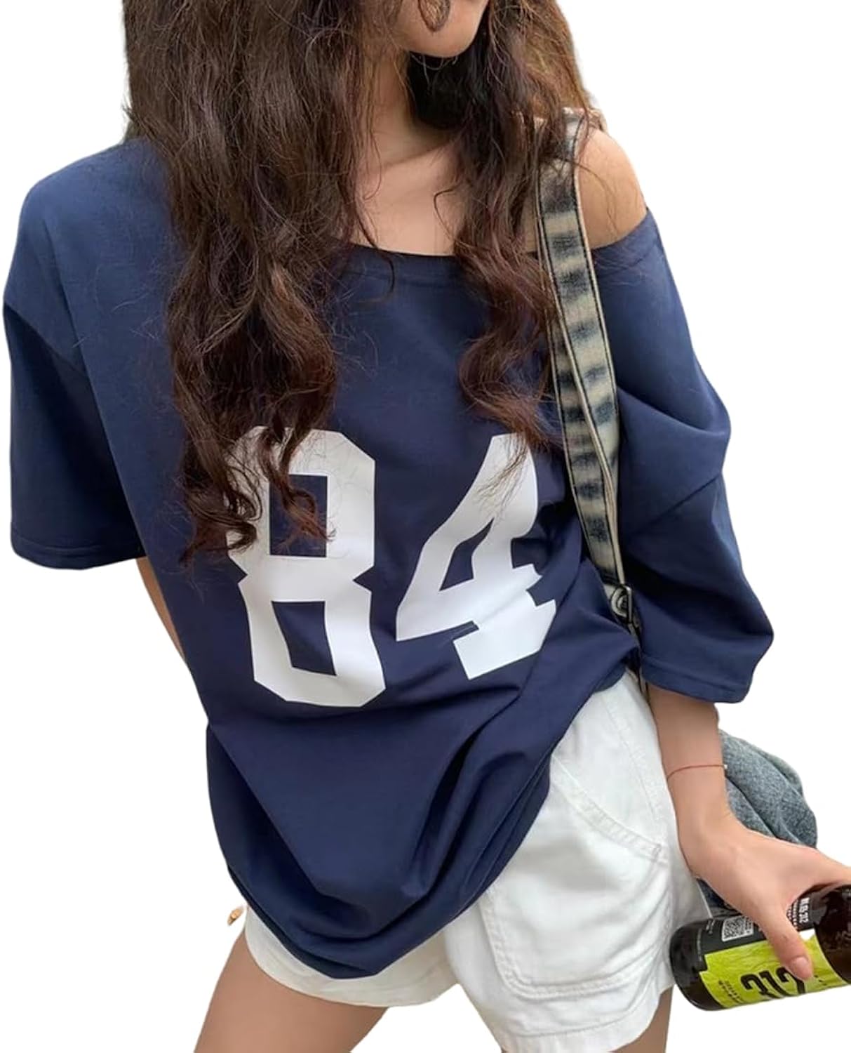 Off The Shoulder Tops for Women Short Sleeve Y2K Jersey Number Graphic Oversized Tshirts E-Girl Tees sports jersey product view 1