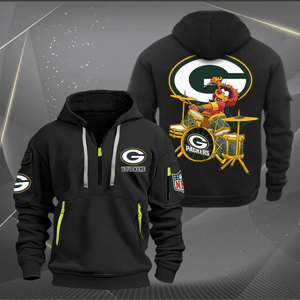 Green Bay Packers Quarter Zip Hoodie Rocking Drummer Custom Name Gift For Fan Unisex T-shirt, Sweatshirt, Hoodie, Long Sleeve Tee - T-Shirt, Sweatshirt, Hoodie
