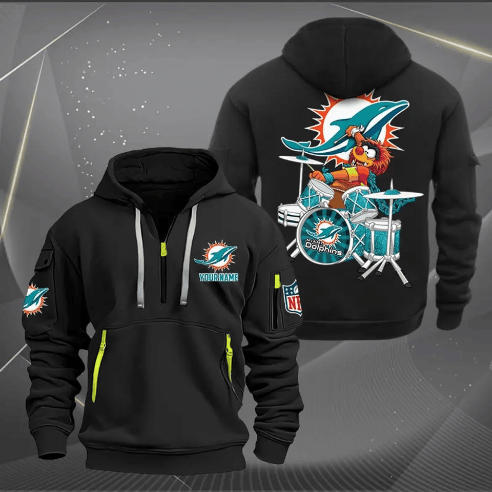 Miami Dolphins Quarter Zip Hoodie Rocking Drummer Custom Name Gift For Fan Unisex T-shirt, Sweatshirt, Hoodie, Long Sleeve Tee - T-Shirt, Sweatshirt, Hoodie