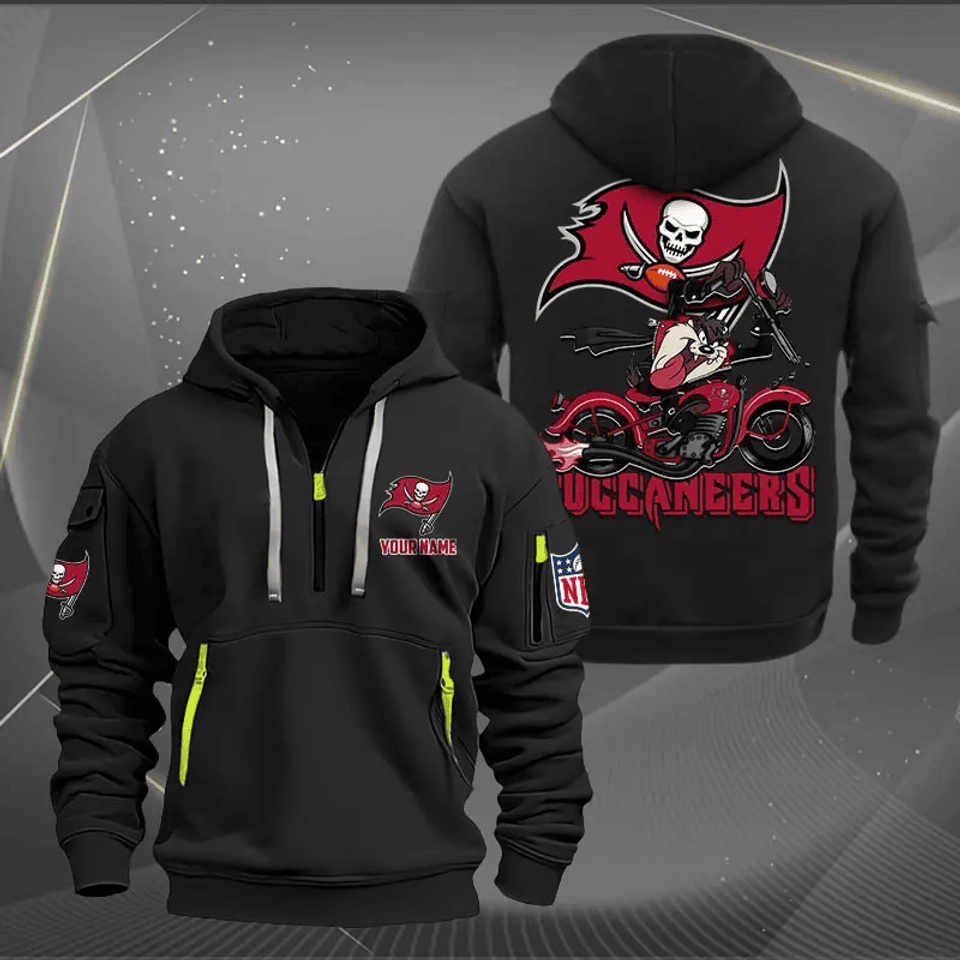 Tampa Bay Buccaneers Quarter Zip Hoodie Biker Taz Custom Name Gift For Fan Unisex T-shirt, Sweatshirt, Hoodie, Long Sleeve Tee - T-Shirt, Sweatshirt, Hoodie