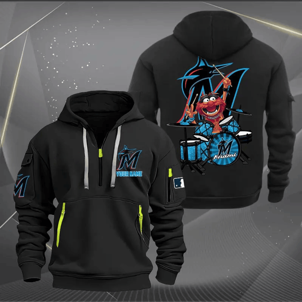 Miami Marlins Baseball Team Quarter Zip Hoodie Rocking Drummer Custom Name Fan Gift Unisex T-shirt, Sweatshirt, Hoodie, Long Sleeve Tee - T-Shirt, Sweatshirt, Hoodie