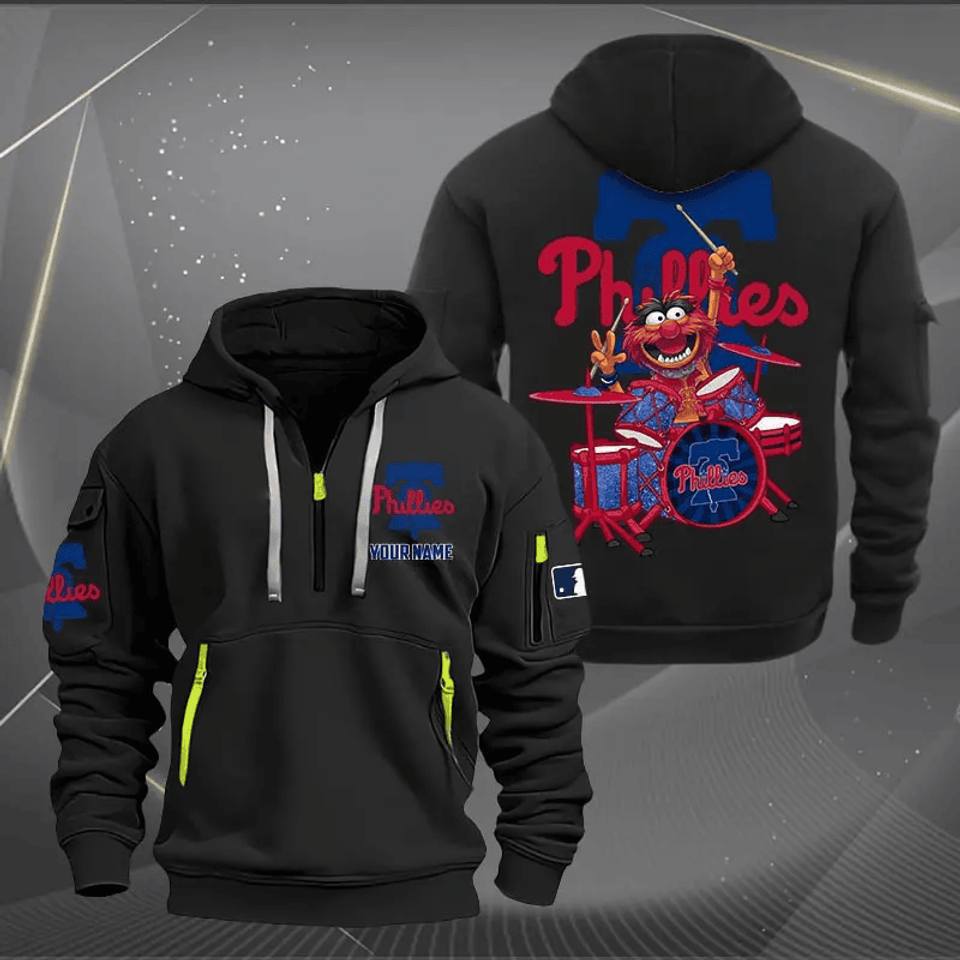 Philadelphia Phillies Baseball Team Quarter Zip Hoodie Rocking Drummer Custom Name Fan Gift - T-Shirt, Sweatshirt, Hoodie