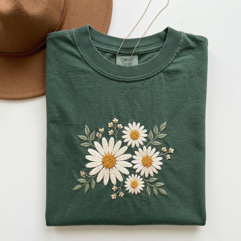 Comfort Colors Daisy Embroidered T-Shirt with Boho Floral Graphic Design Unisex T-shirt, Sweatshirt, Hoodie, Long Sleeve Tee - T-Shirt, Sweatshirt, Hoodie