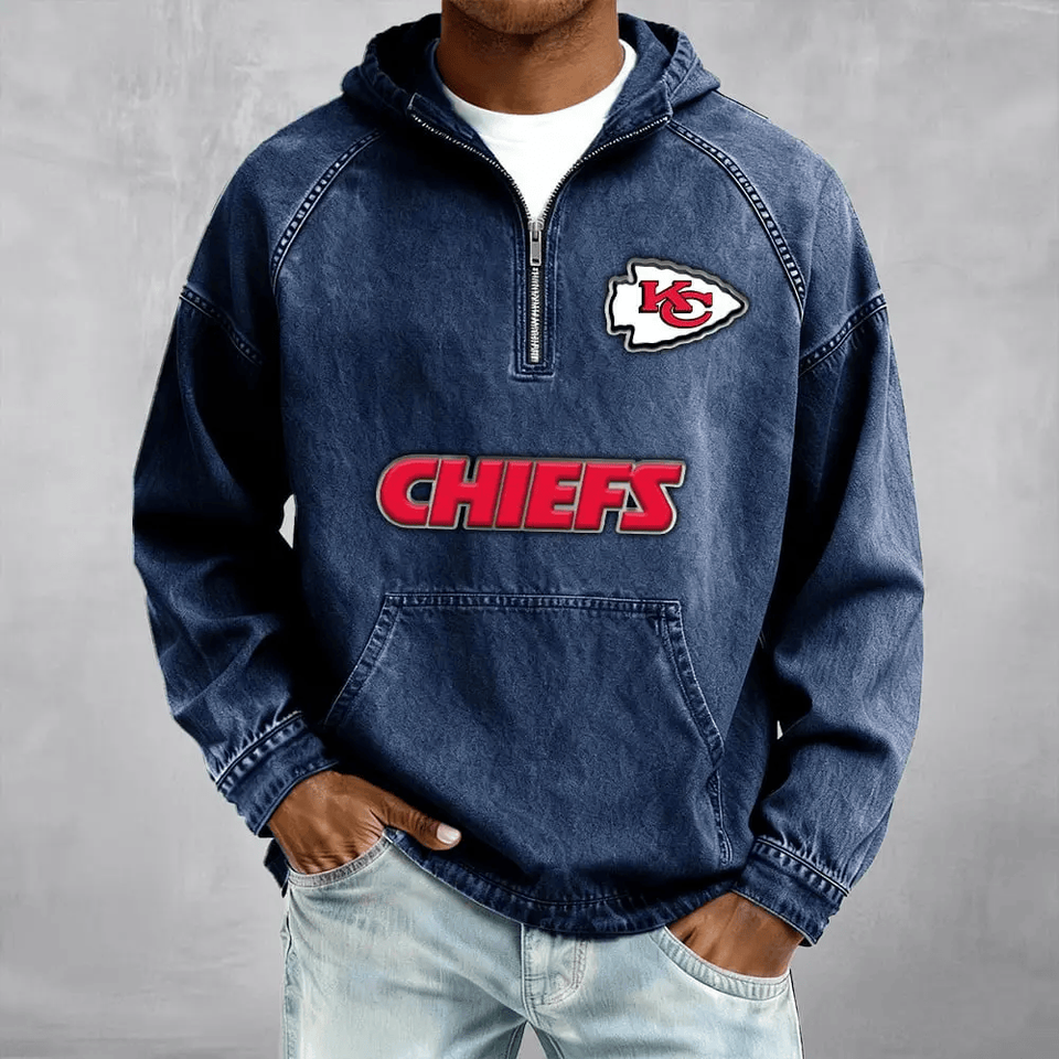 KC Men's Half-Zip Denim Hoodie Unisex T-shirt, Sweatshirt, Hoodie, Long Sleeve Tee - T-Shirt, Sweatshirt, Hoodie
