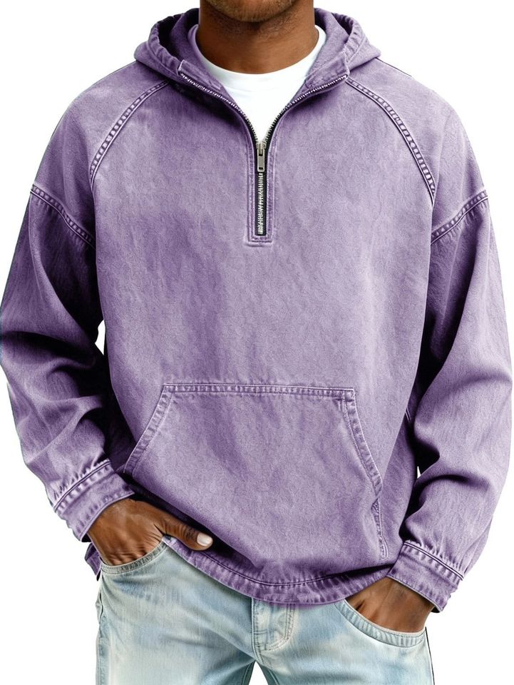 Men's Faux Denim Half-Zip Hoodie Sweater Casual Zipper Hoodie Unisex T-shirt, Sweatshirt, Hoodie, Long Sleeve Tee - T-Shirt, Sweatshirt, Hoodie