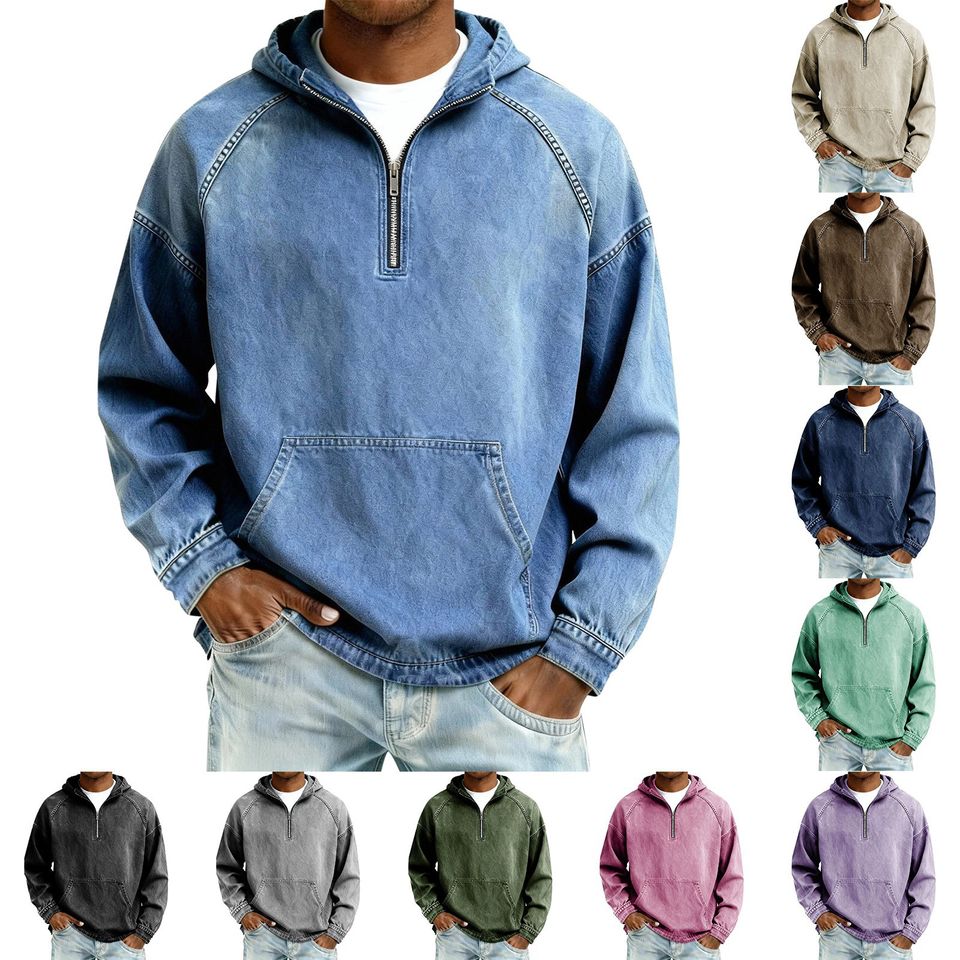 Men's Denim Half-Zip Hoodie Spring Autumn Zipper Sweatshirt Unisex T-shirt, Sweatshirt, Hoodie, Long Sleeve Tee - T-Shirt, Sweatshirt, Hoodie