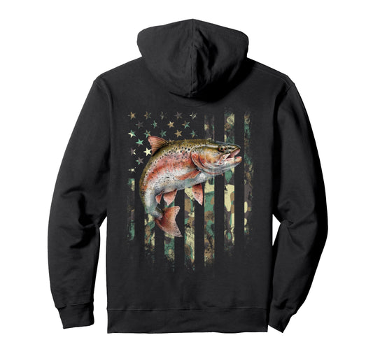 Art Back Camo American Flag Trout Hoodie - Fun Novelty Design Men Women - T-Shirt, Sweatshirt, Hoodie