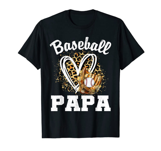 Baseball Papa Leopard Heart Dad Daddy T-Shirt - Novelty Apparel Men Women - T-Shirt, Sweatshirt, Hoodie