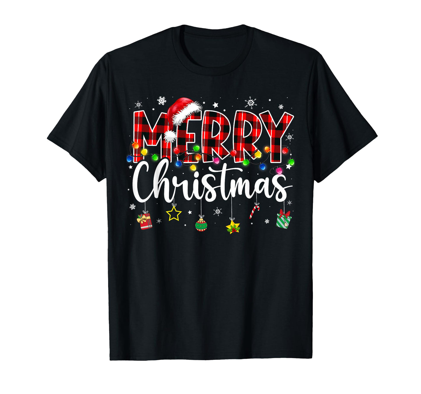 Merry Buffalo Plaid Red Santa Hat Pajama T-Shirt - Minimalist Print Unisex - T-Shirt, Sweatshirt, Hoodie