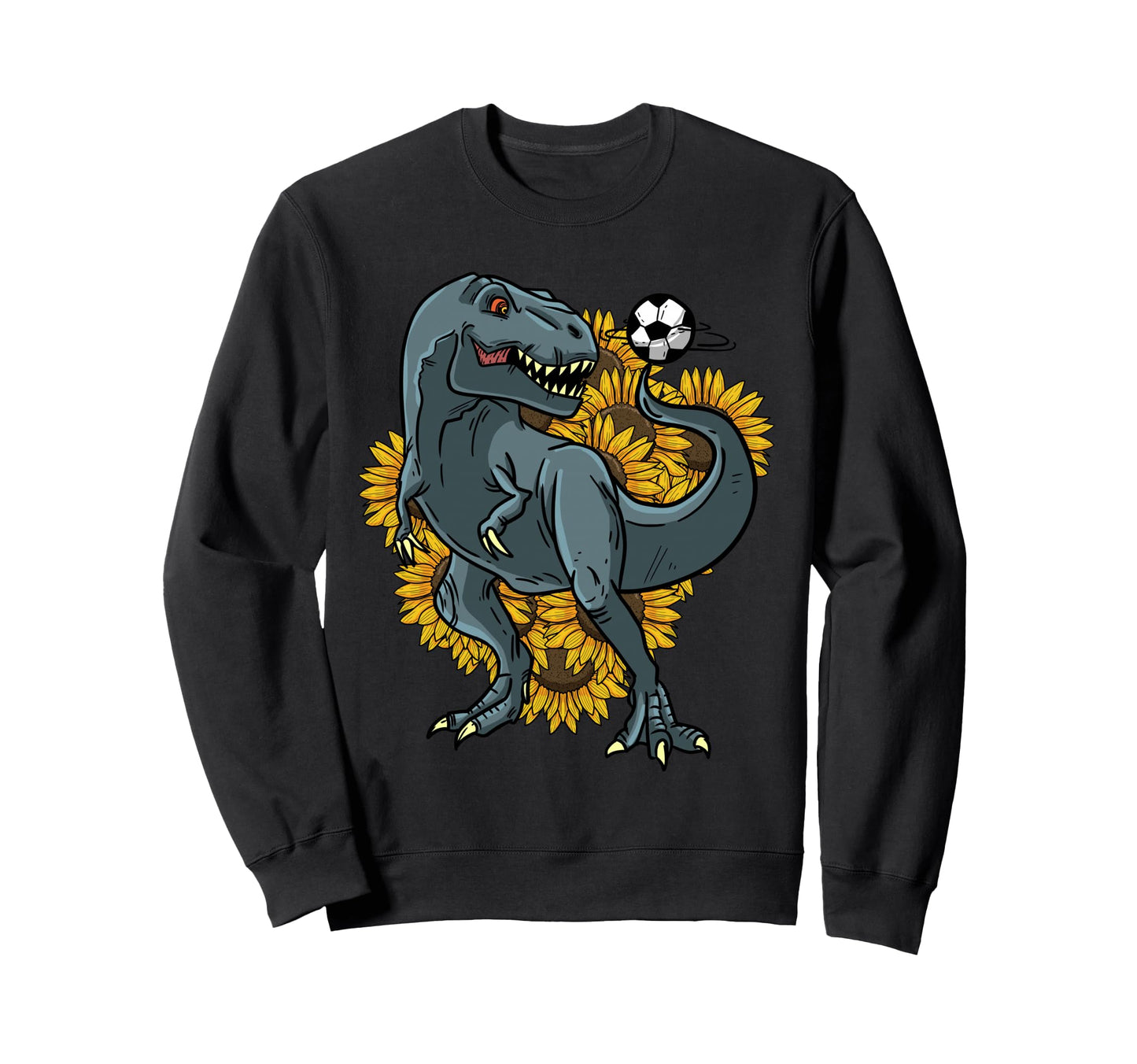 Trex Playing Soccer Sunflower Sweatshirt - Novelty Apparel for Adults - T-Shirt, Sweatshirt, Hoodie