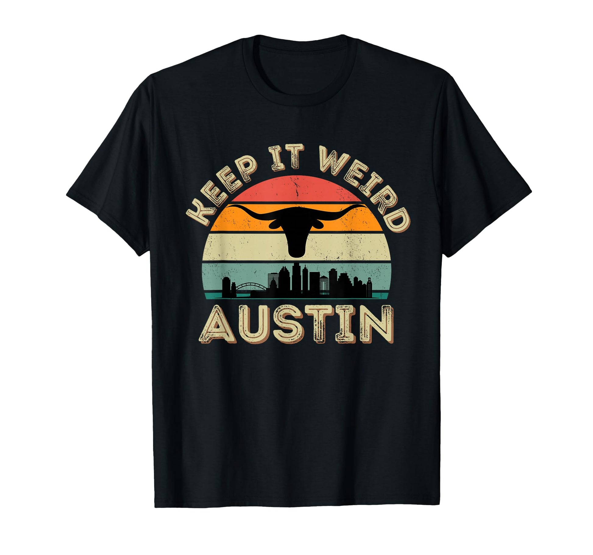 Austin Texas Keep It Weird Longhorn Sunset T-Shirt - Graphic Print Unisex - T-Shirt, Sweatshirt, Hoodie