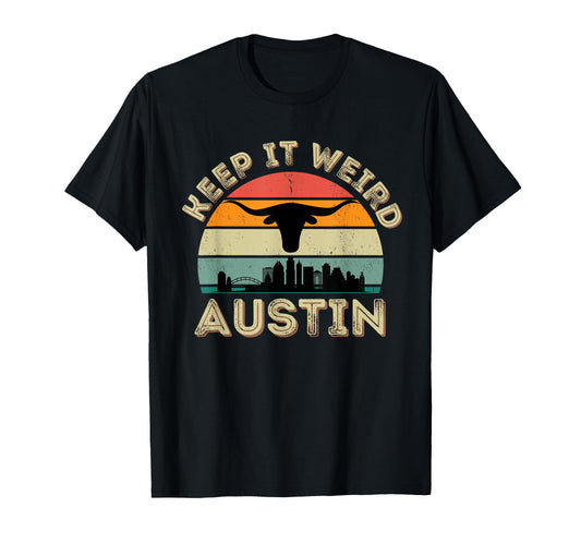 Austin Texas Keep It Weird Longhorn Sunset T-Shirt - Graphic Print Unisex - T-Shirt, Sweatshirt, Hoodie