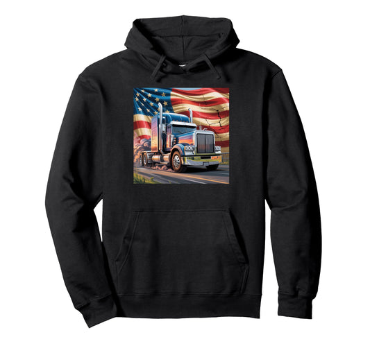 American Flag Trucker Dad Big Rig Trailer Hoodie - Custom Art Print Unisex - T-Shirt, Sweatshirt, Hoodie