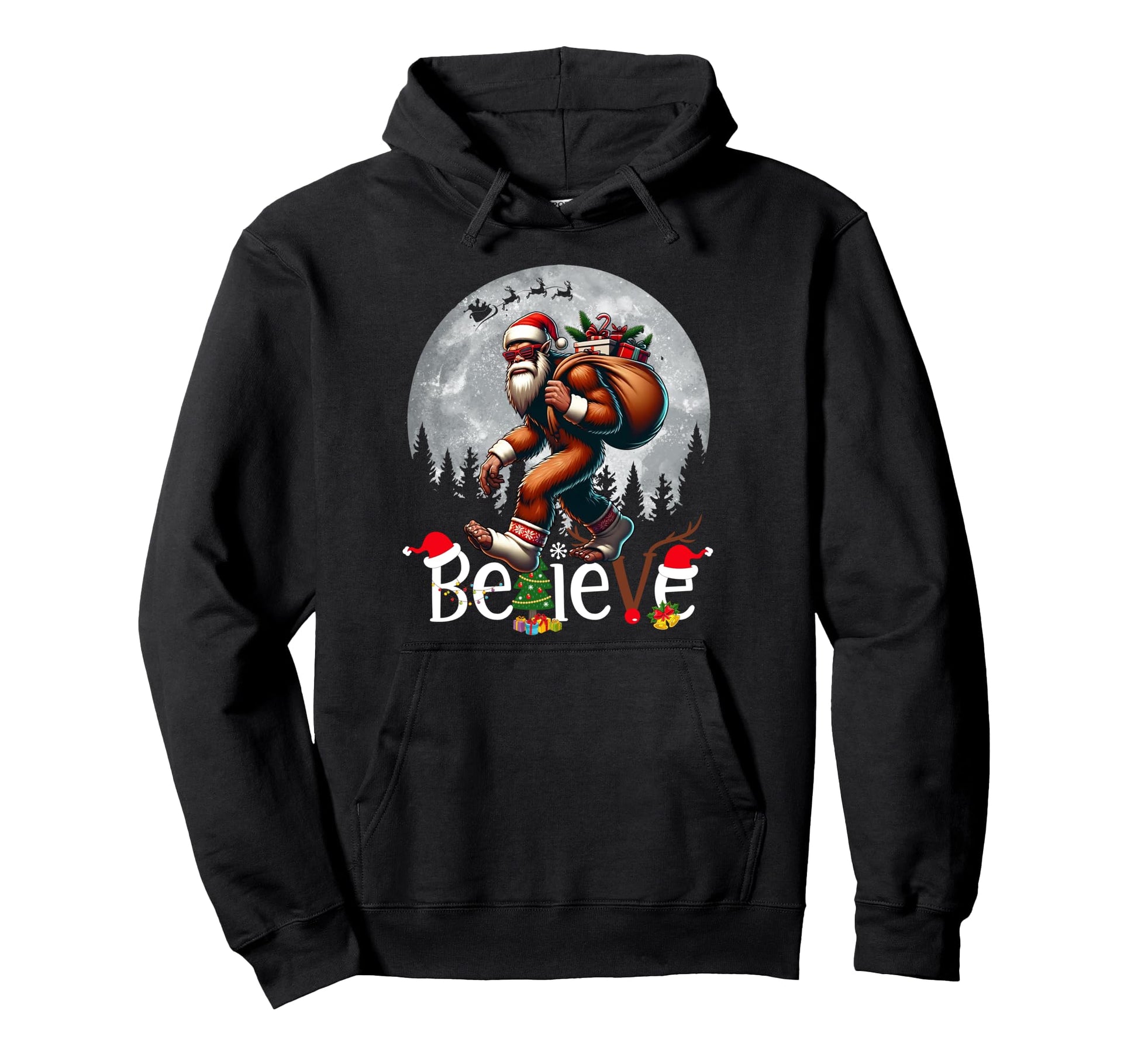 Tree Bigfoot Believe Santa Hat Holiday Hoodie - Unique Graphic Unisex - T-Shirt, Sweatshirt, Hoodie