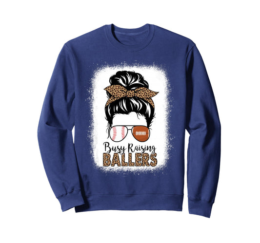 Baseball Football Mom Messy Bun Busy Sweatshirt - Unique Graphic Men Women - T-Shirt, Sweatshirt, Hoodie