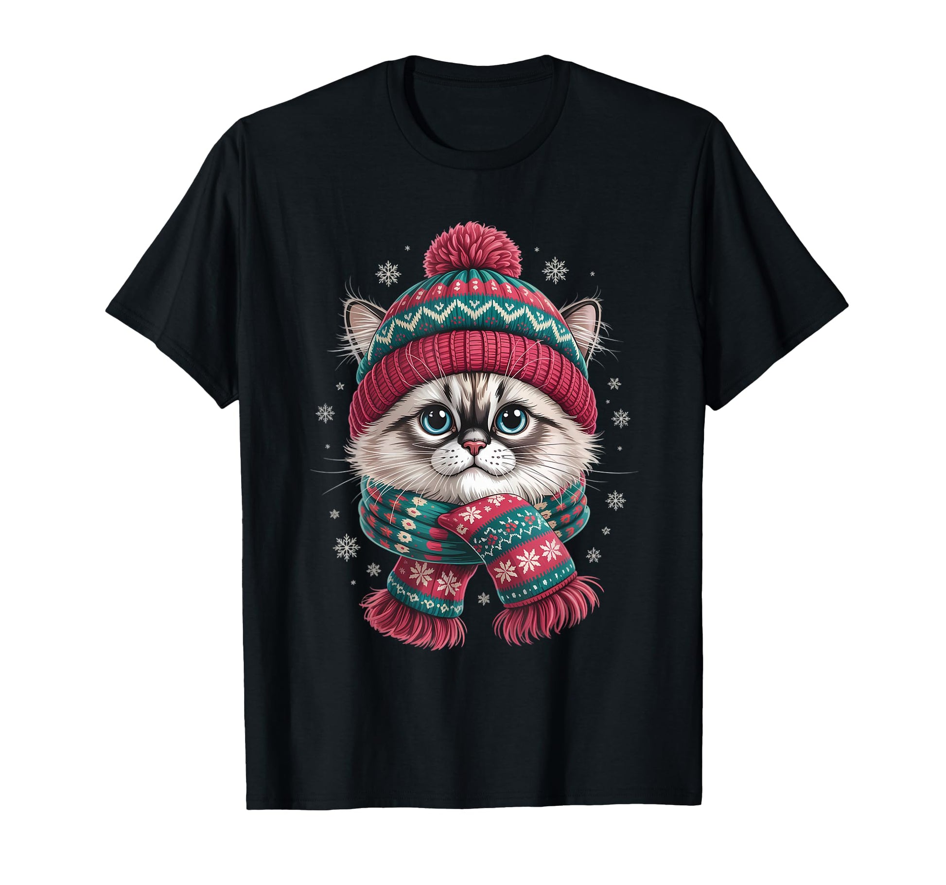 Funny Ragdoll Cat Santa Hat Lights T-Shirt - Custom Art Print Unisex - T-Shirt, Sweatshirt, Hoodie