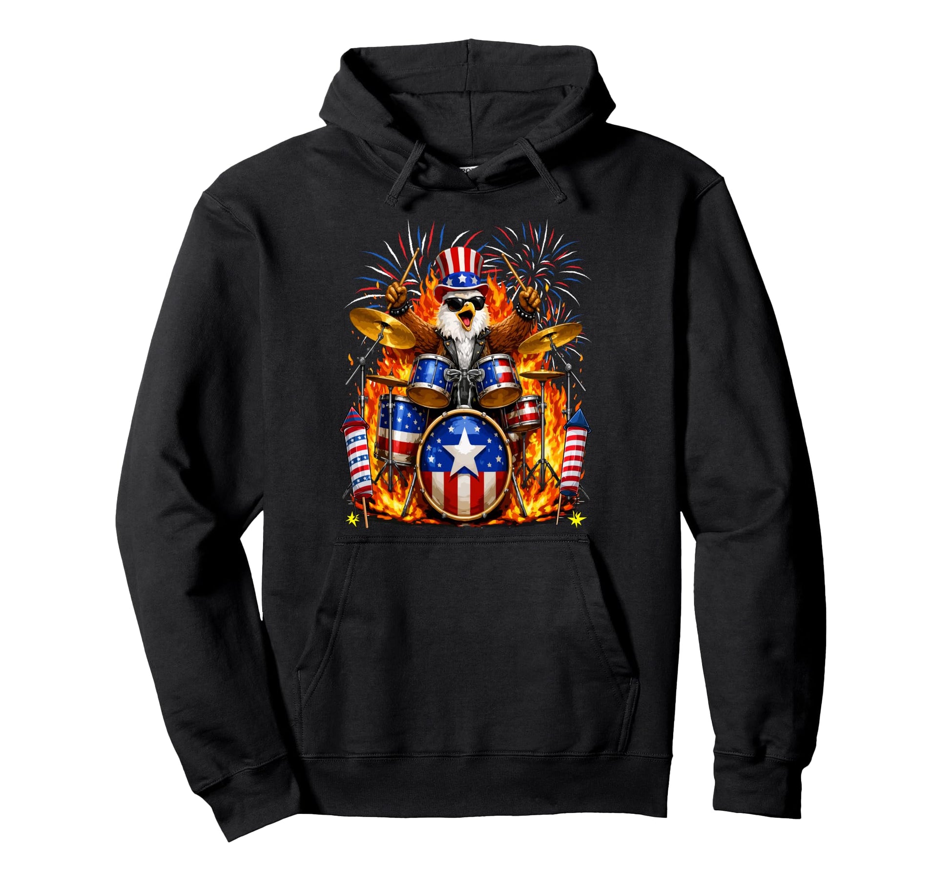 4Th July Eagle Playing Drum Instrument Hoodie - Unique Graphic Unisex - T-Shirt, Sweatshirt, Hoodie