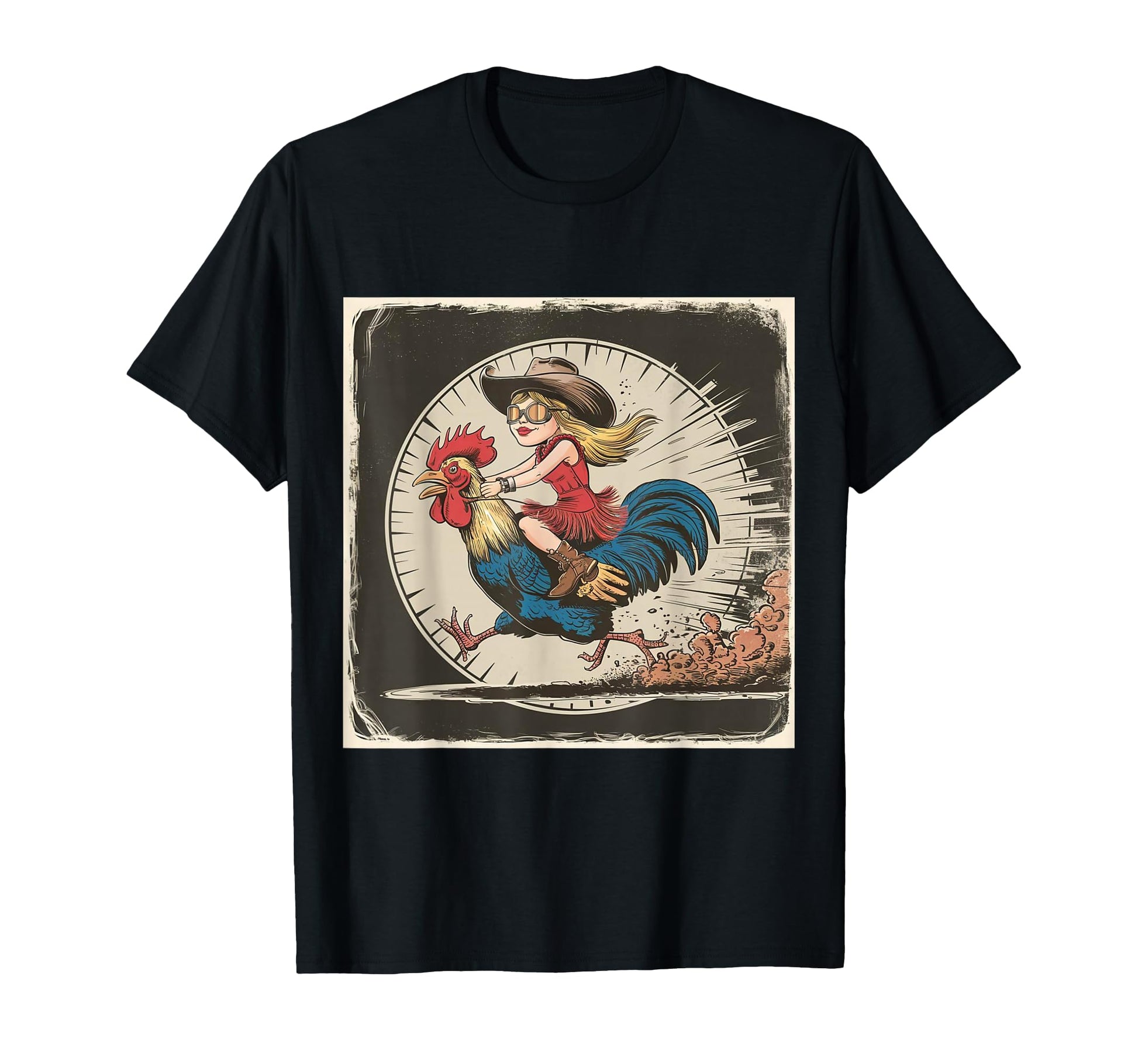 Funny Distressed Cowgirl Riding Chicken T-Shirt - Minimalist Print Unisex - T-Shirt, Sweatshirt, Hoodie